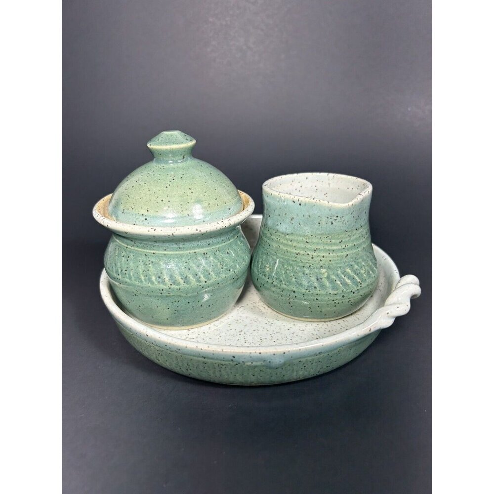 Signed Studio Art Pottery Cream And Sugar On Serving Tray Green Speckled Glaze